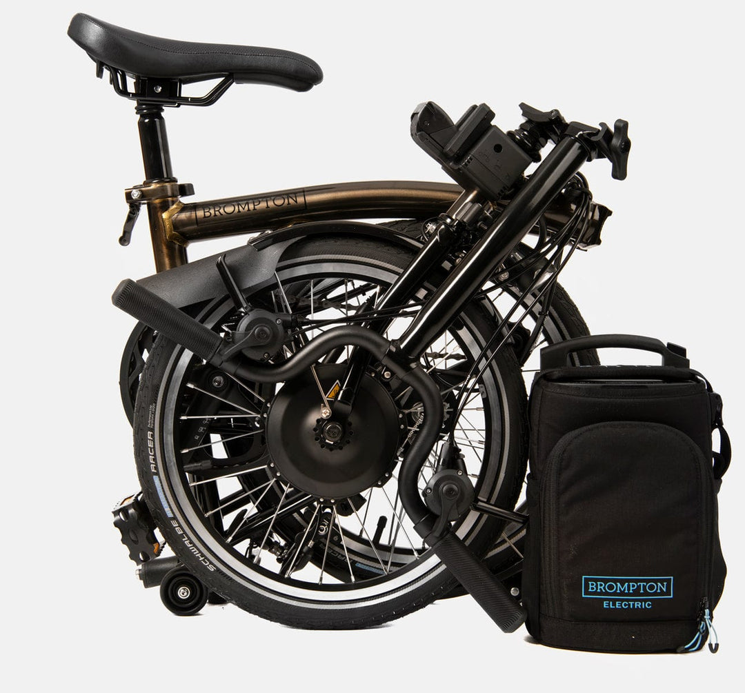 Brompton Electric C Line Explore 6 Speed Folding E-Bike in Premium Black Lacquer with Brass Details - Folded (6604388630579)