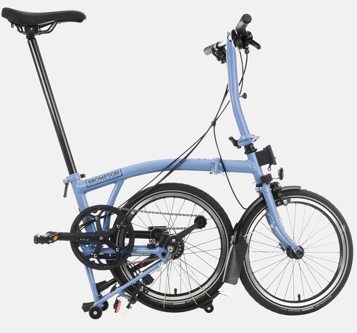 2023 Brompton C Line Explore Low Handlebar 6-speed folding bike in Cloud Blue - kickstand mode