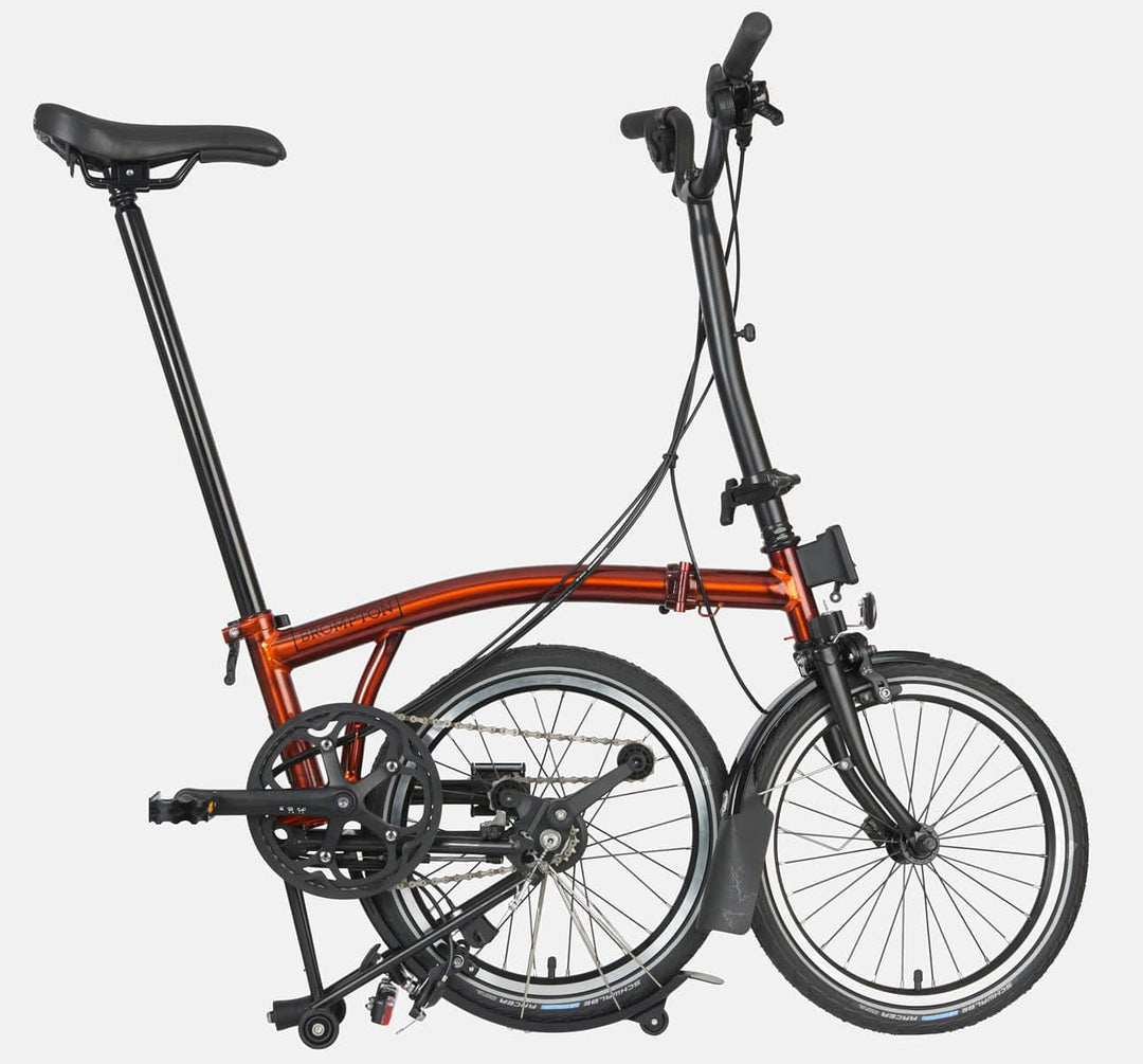 2023 Brompton C Line Explore High Handlebar 6-speed folding bike in Flame Lacquer - kickstand mode