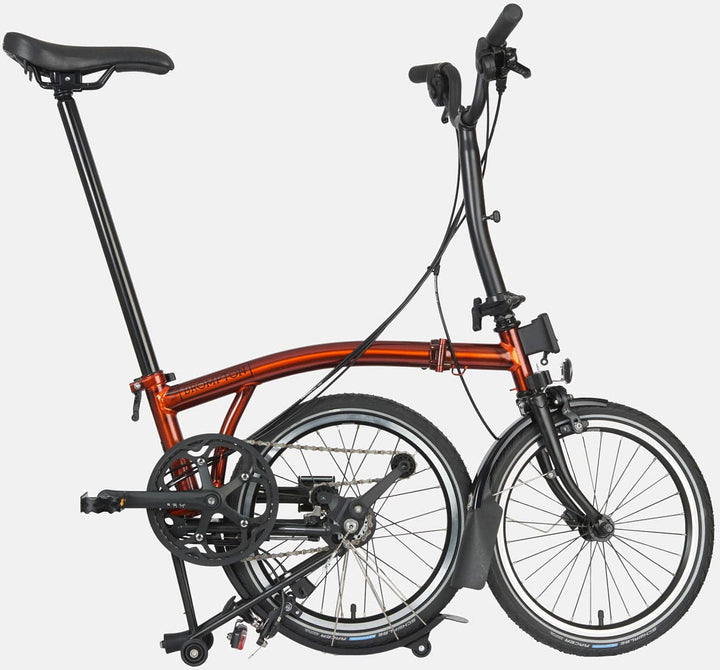 2023 Brompton C Line Explore Mid Handlebar 6-speed folding bike in Flame Lacquer - kickstand mode