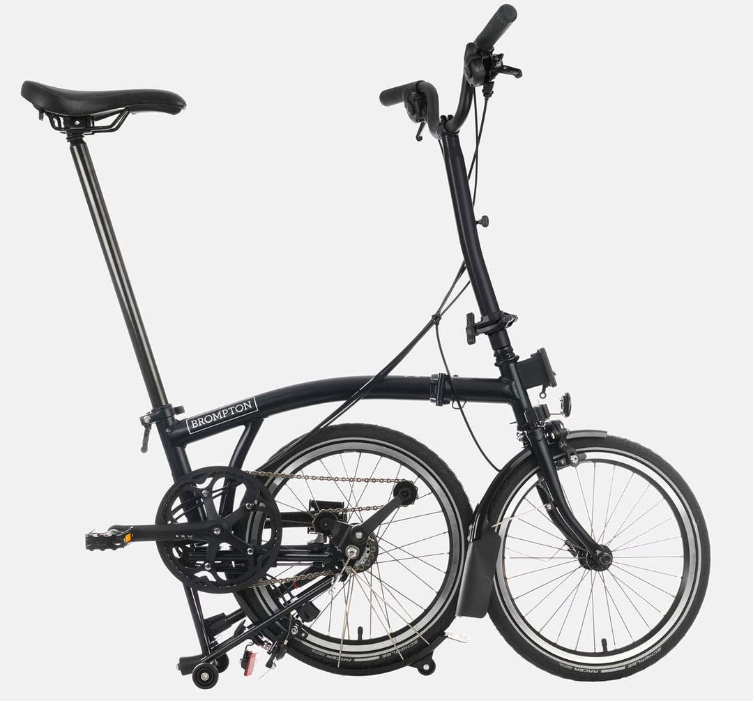 Brompton C Line Urban High Handlebar 2-speed folding bike in Matt Black - kickstand mode